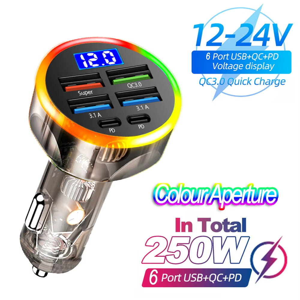 66-250W PD Car Charger QC3.0 Fast Charge One to Six Car Cigarette Lighter Plug Car Charger Flash Charge with Digital Display //  Chargeur de voiture PD 66-250W QC3.0 charge rapide, prise allume-cigare 1 vers 6, chargeur flash avec écran numérique"