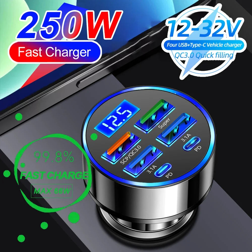 66-250W PD Car Charger QC3.0 Fast Charge One to Six Car Cigarette Lighter Plug Car Charger Flash Charge with Digital Display //  Chargeur de voiture PD 66-250W QC3.0 charge rapide, prise allume-cigare 1 vers 6, chargeur flash avec écran numérique"